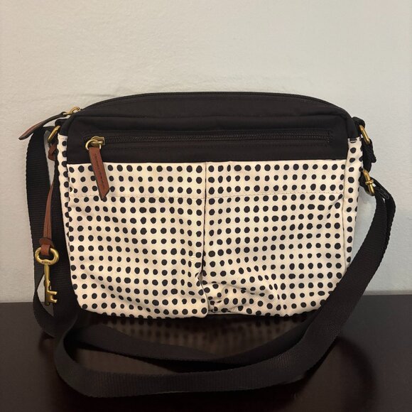 Fossil Bailey Black and White Polka Dot Nylon Canvas Crossbody Shoulder Bag - Picture 1 of 13